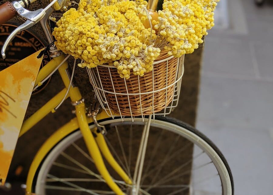 Yellow Flowers in Brown Woven Basket on Bicycle